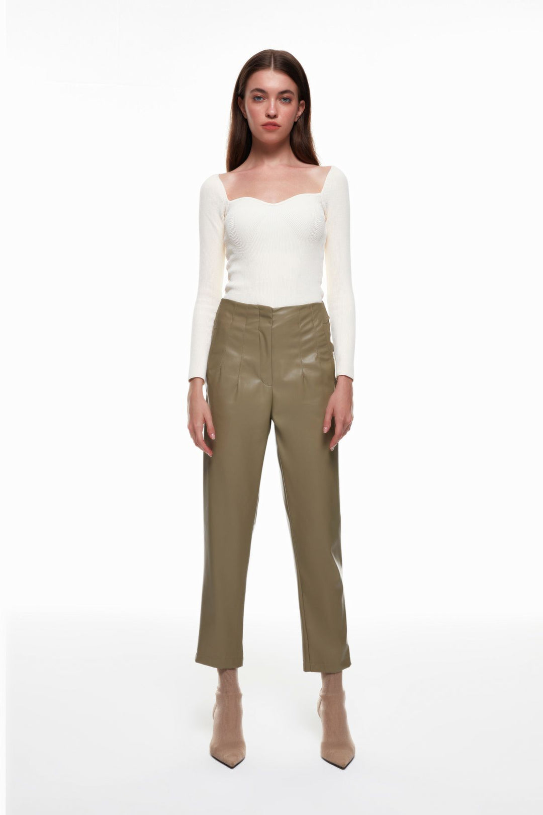 Pens Detaylı Deri Pantolon Koyu Haki