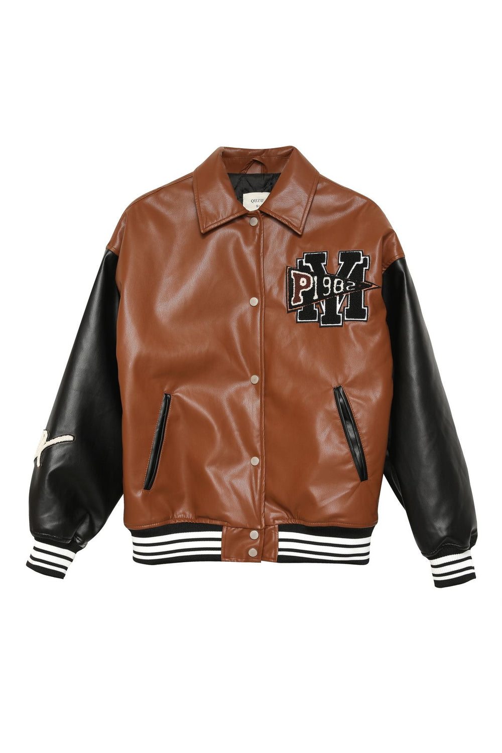 Embroidery Detail Leather College Jacket Light Brown