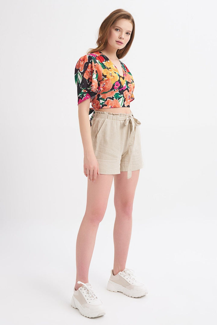 Belted High Waist Linen Shorts Beige