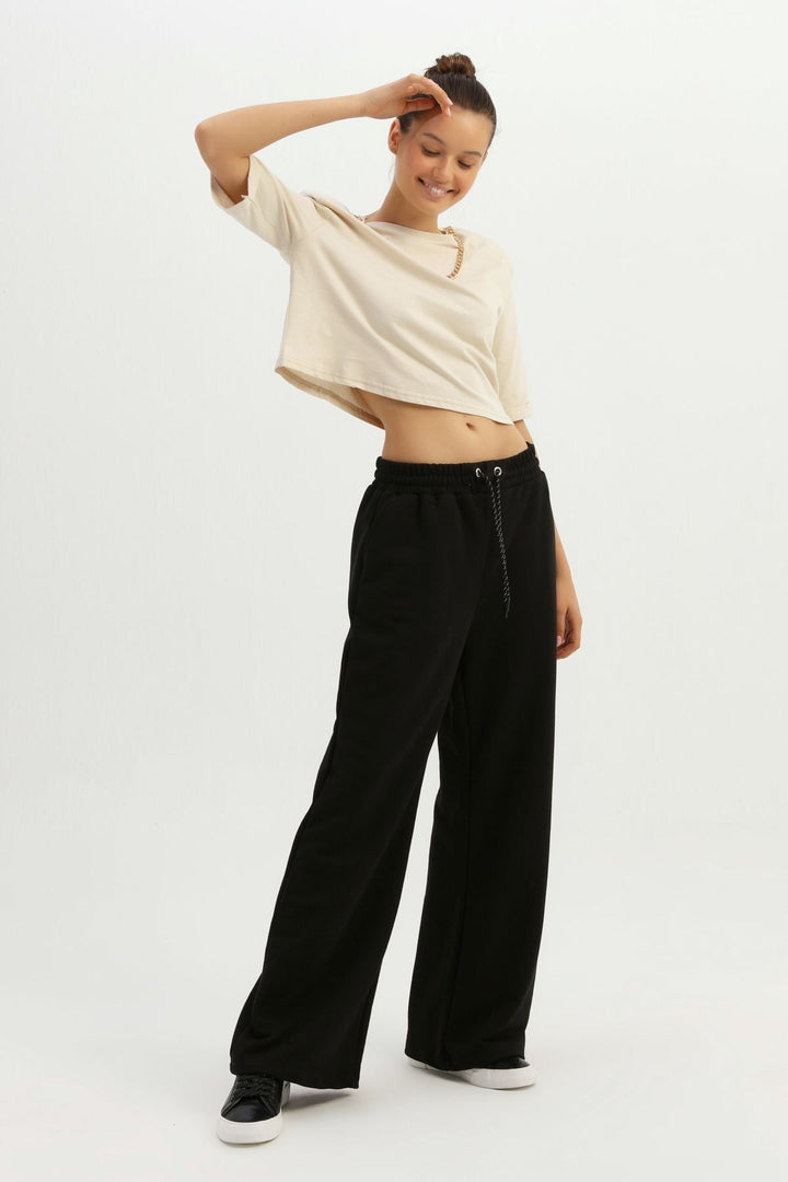 Elastic Waist Wide Leg Tracksuit Black
