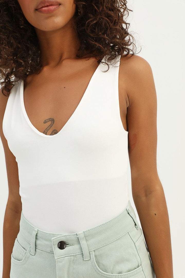 Strap V Neck Bodysuit Ecru