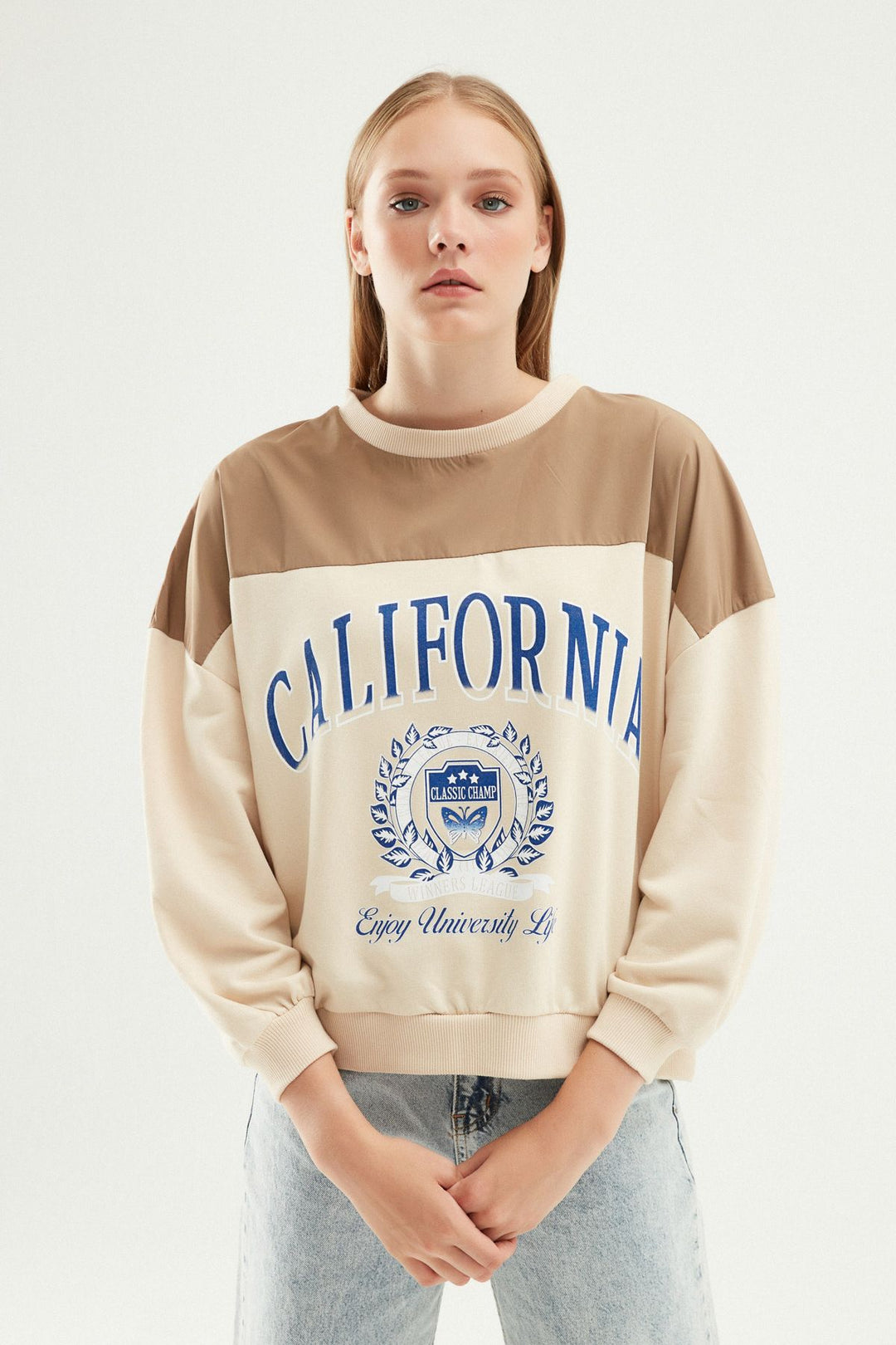 Baskılı Bisiklet Yaka Sweatshirt Bej