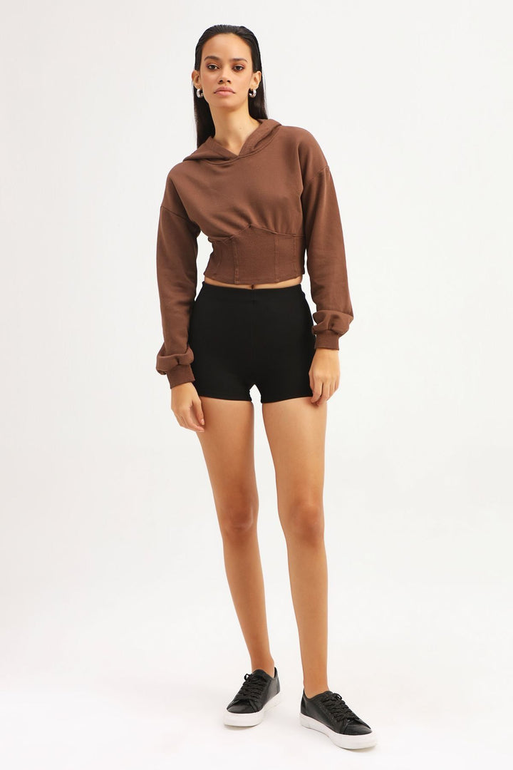 Kapüşonlu Crop Sweatshirt Koyu Kahve