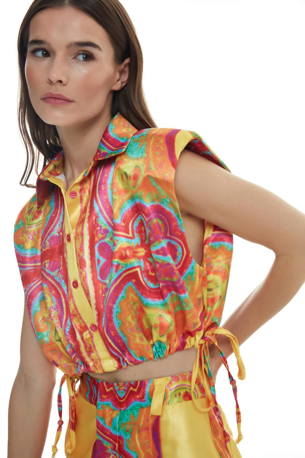 Colorful Patterned Ruffle Detailed Shirt Fuchsia
