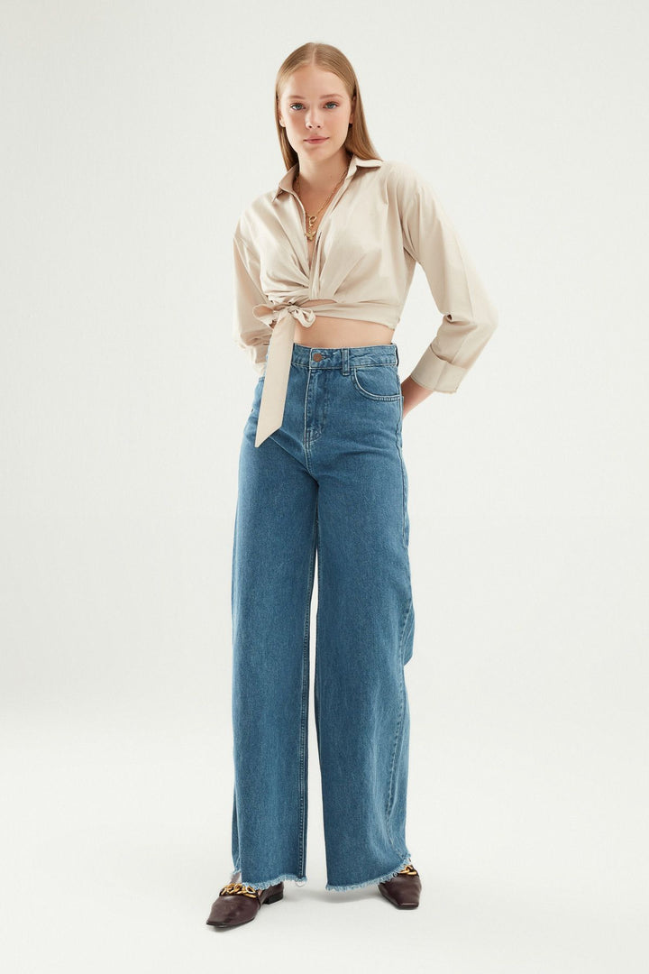 Önü Bağlamalı Crop Gömlek Taş