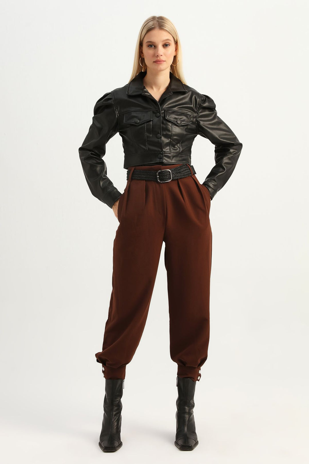 Balloon Sleeve Crop Leather Jacket Black