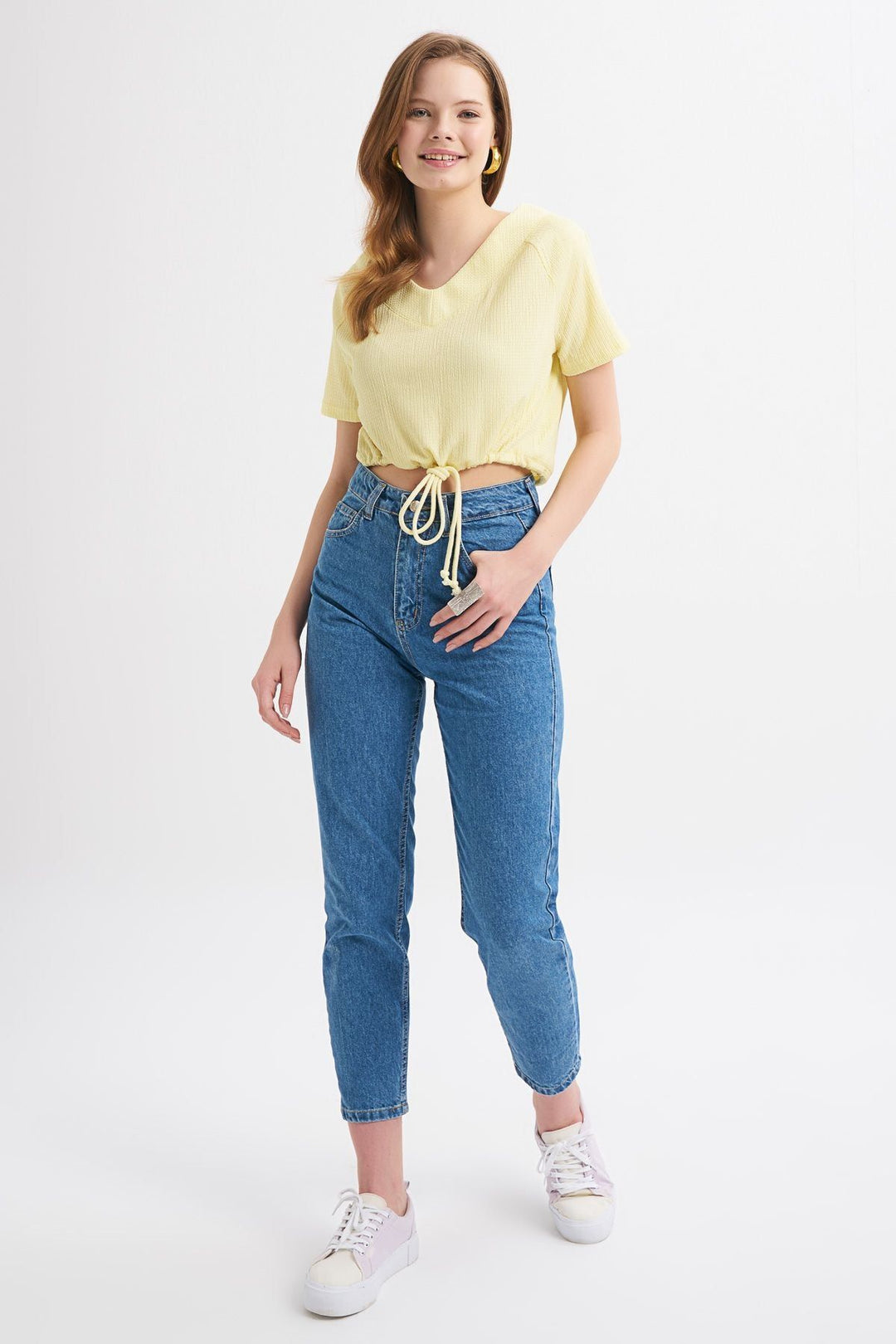 Tie Detailed V-Neck Blouse Yellow