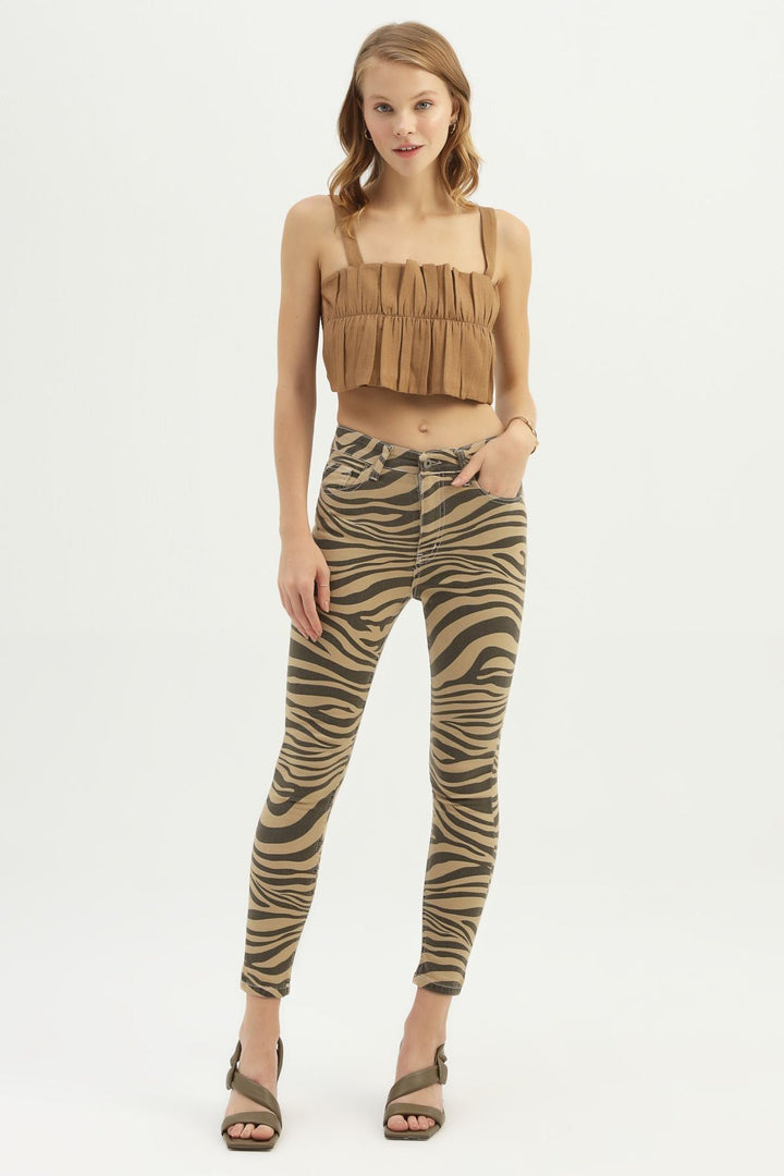 Zebra Desenli Skinny Pantolon Camel