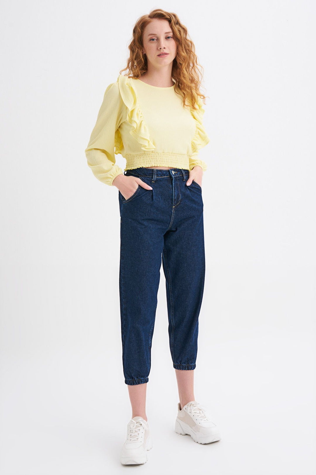 Ruffled Crop Blouse Yellow With Waist Gipe