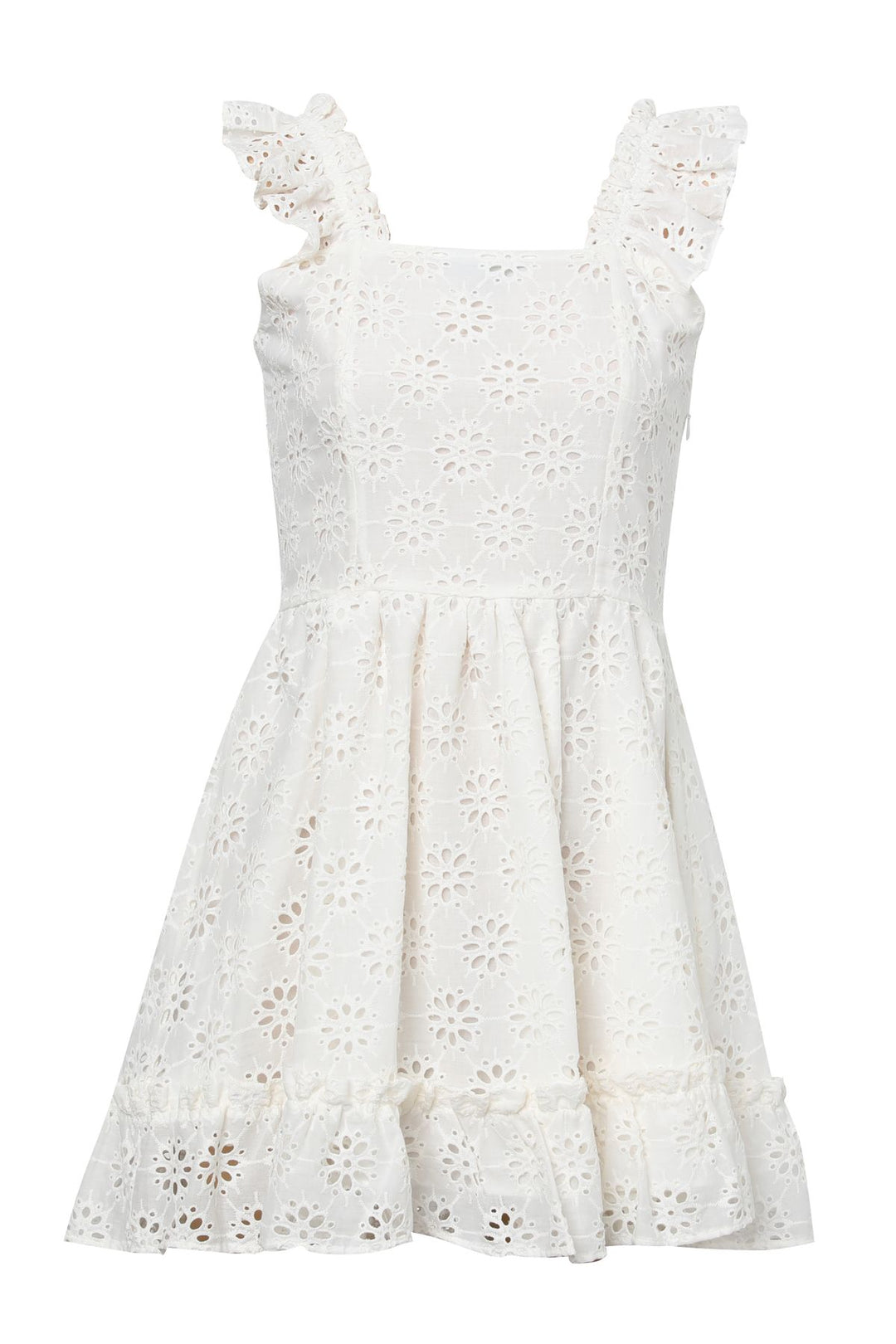 Askılı Kare Yaka Güpür Elbise Beyaz