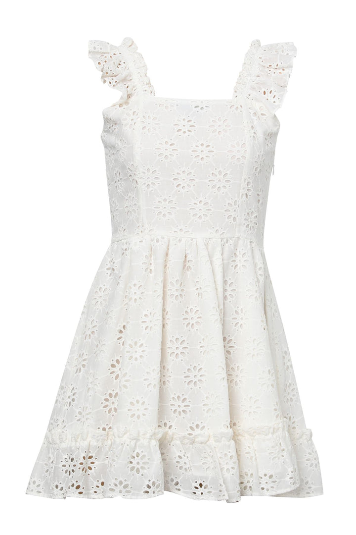 Askılı Kare Yaka Güpür Elbise Beyaz