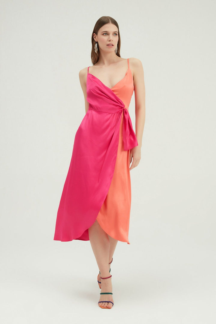 Two Color Double Breasted Strap Dress Fuchsia