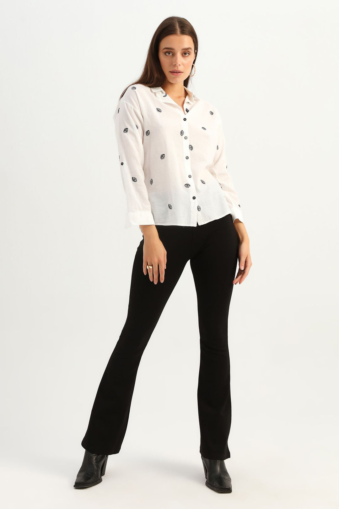 Eye Shaped Embroidered Linen Shirt Ecru