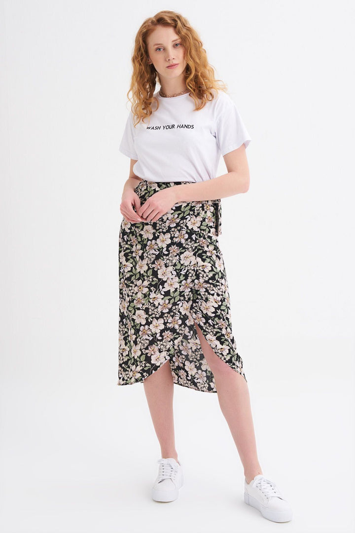 Floral Patterned Wrap Skirt Black