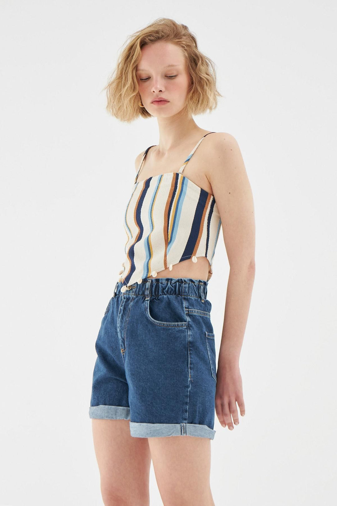 Duble Paça Beli Lastikli Kot Şort Mavi