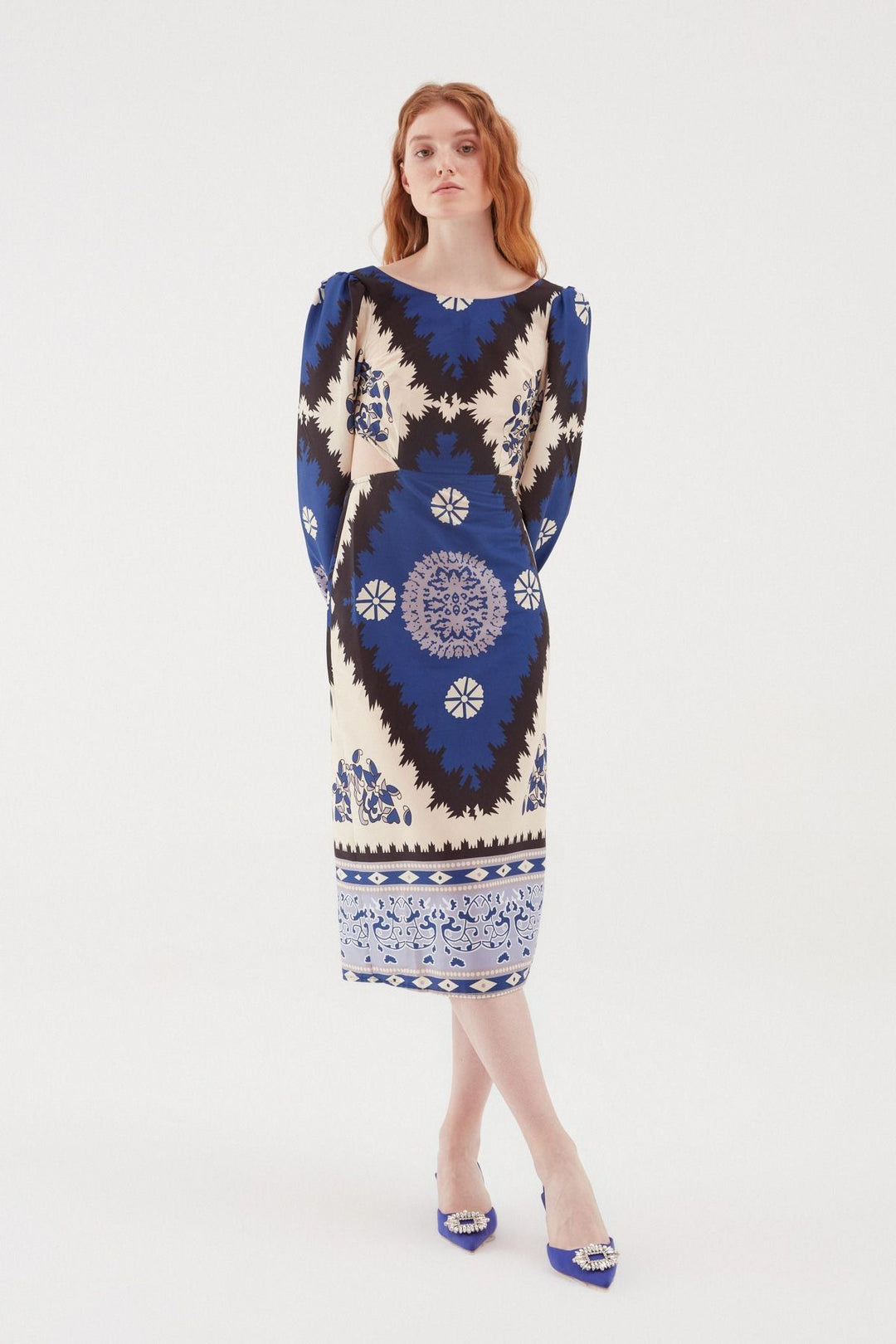 Desenli Cut Out Midi Elbise Lacivert