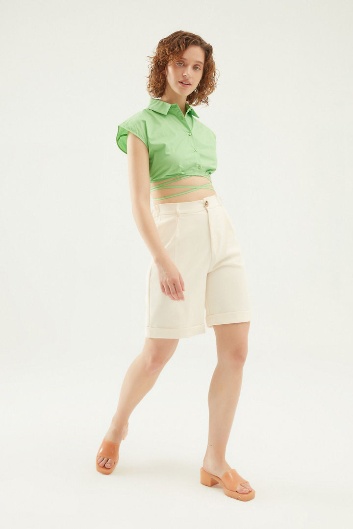 Bağlama Detaylı Düğmeli Crop Gömlek Yeşil