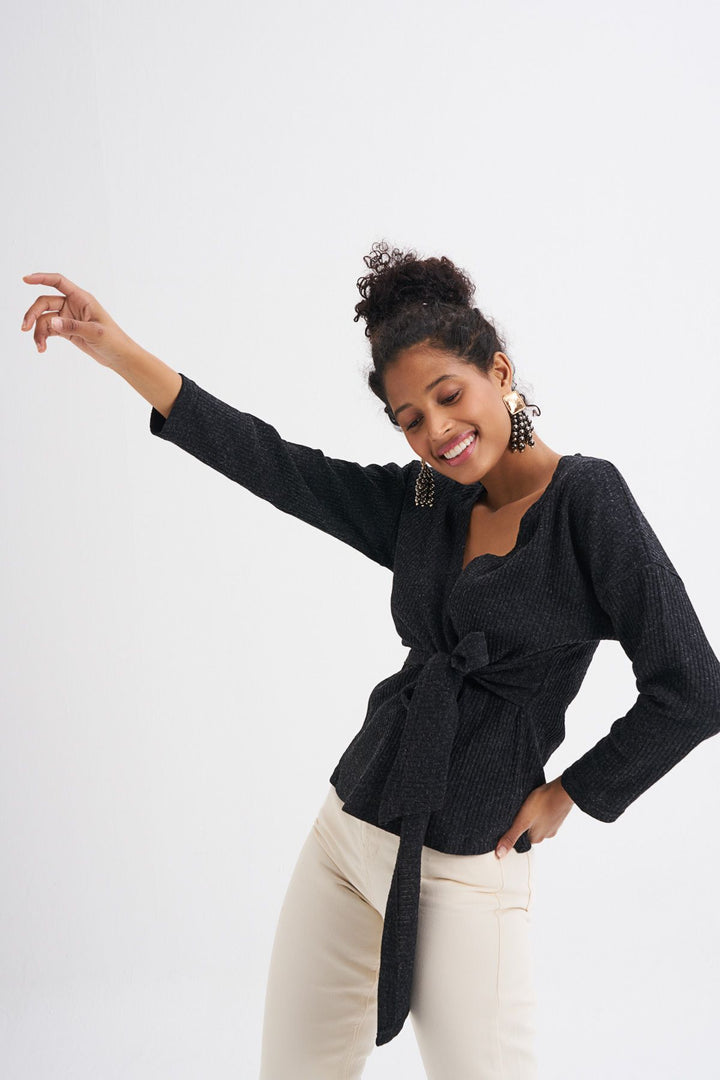 Tie Detailed Double Breasted Blouse Black