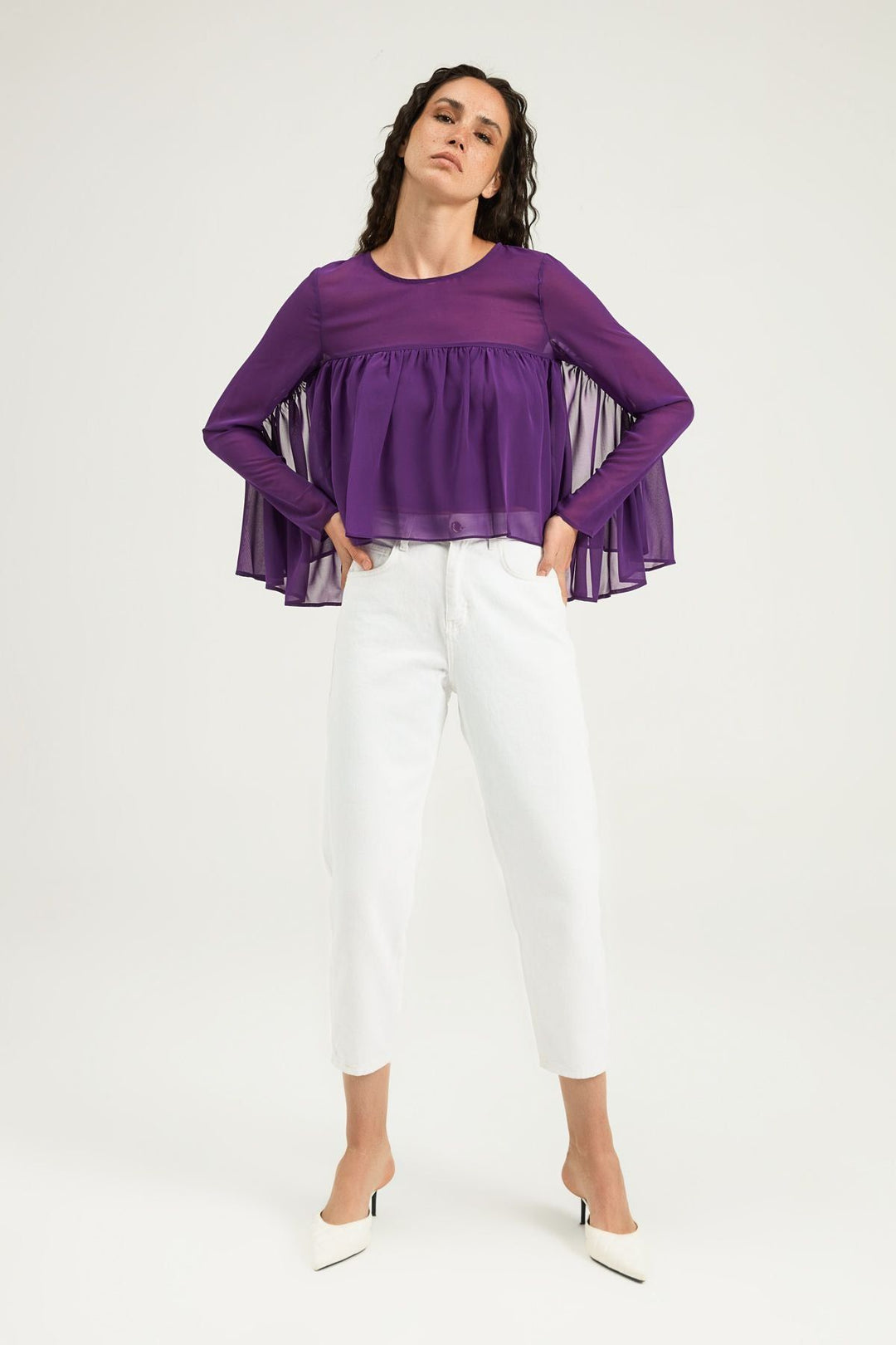 Fırfırlı Bisiklet Yaka Bluz Mor