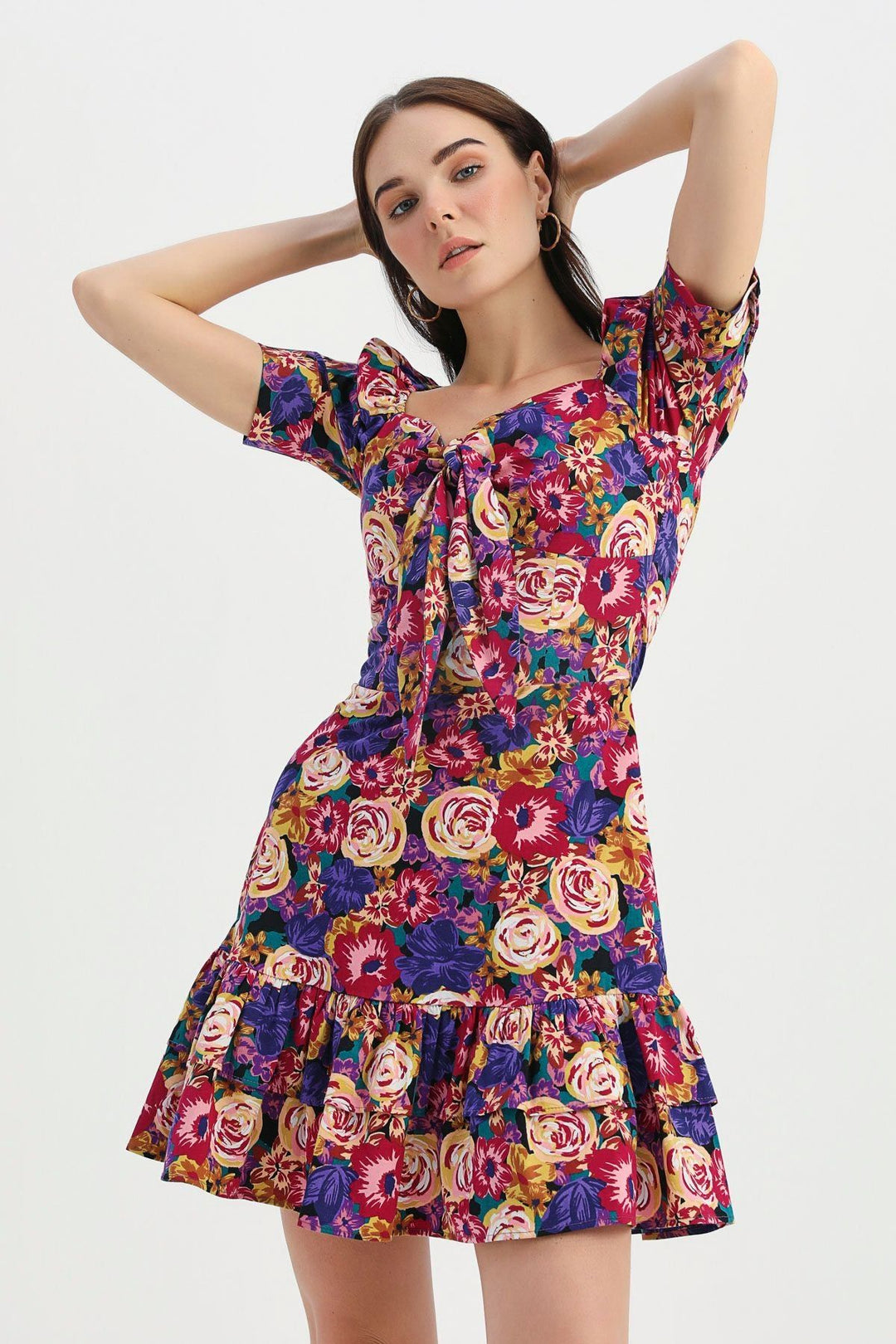 Floral Patterned Lace Detailed Dress Purple