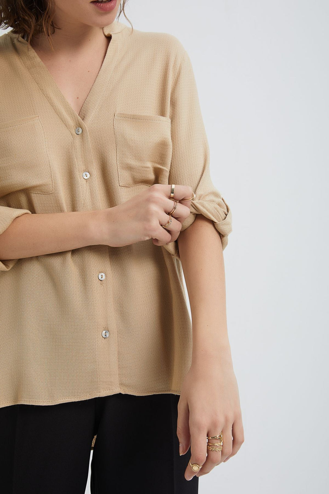Three Quarter Sleeve Linen Shirt Beige