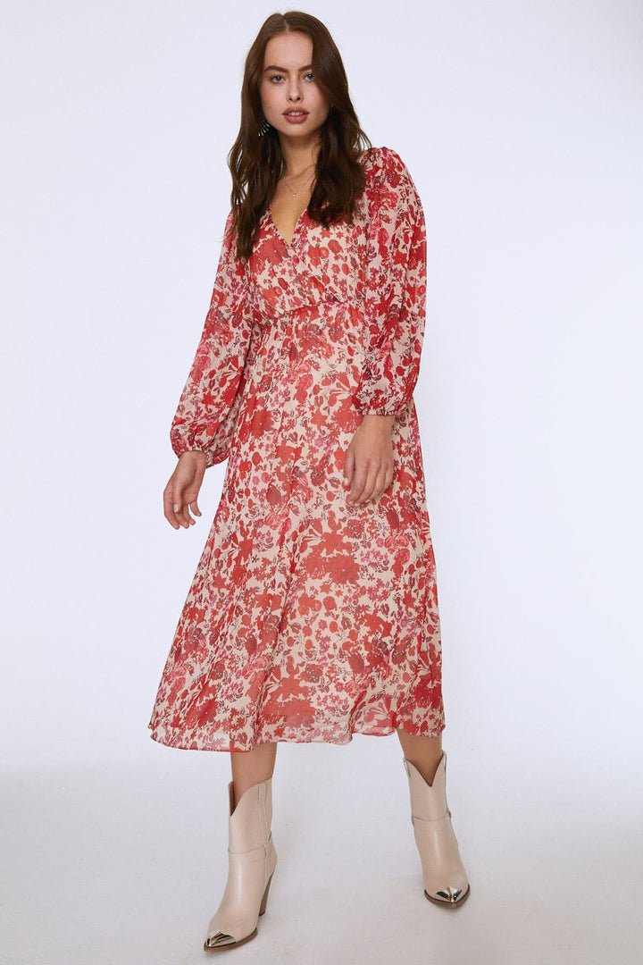 Çicek Desenli V Yaka Midi Elbise Bej