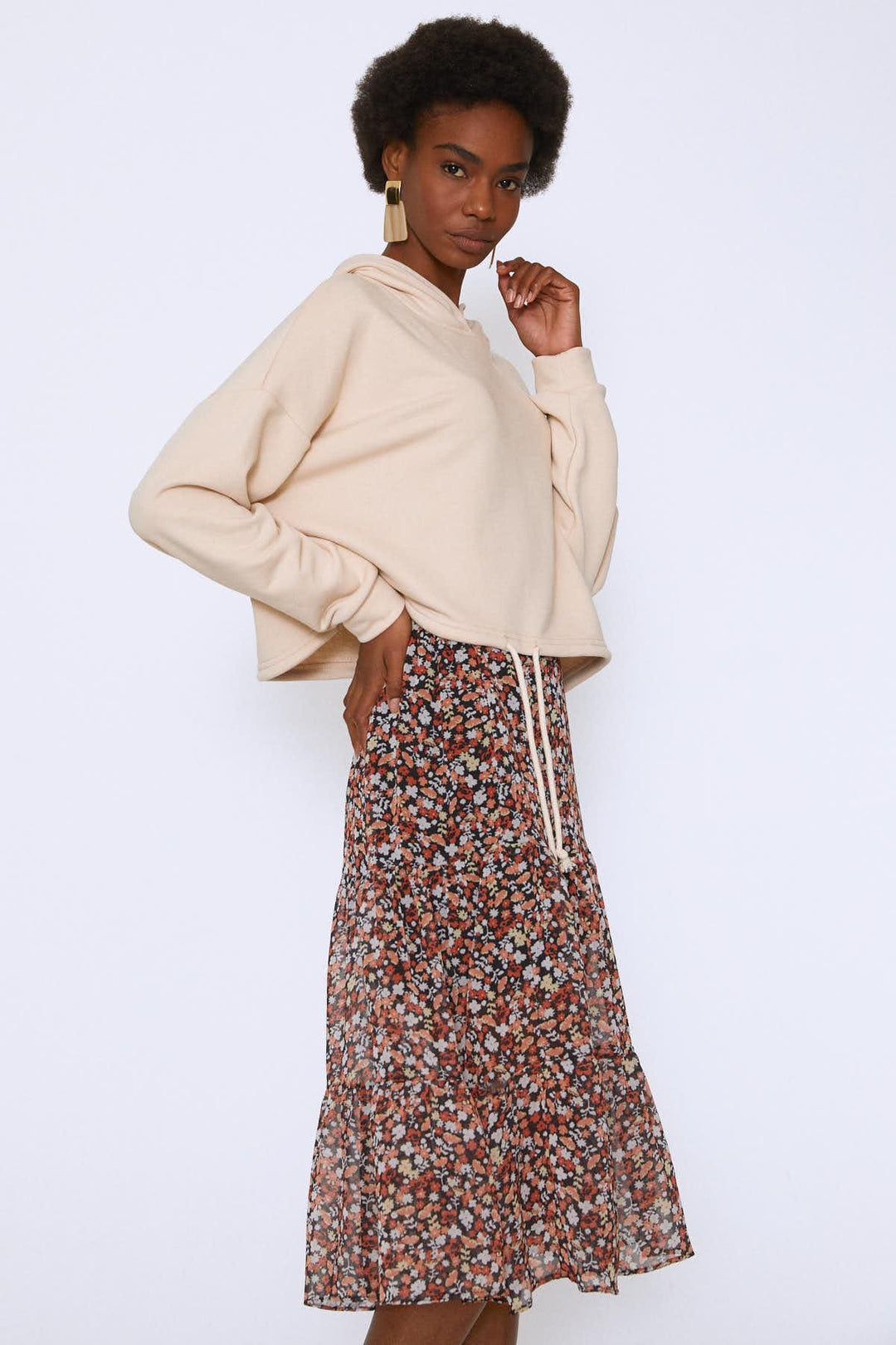 Kapüşonlu Beli Bağcıklı Sweatshirt Bej