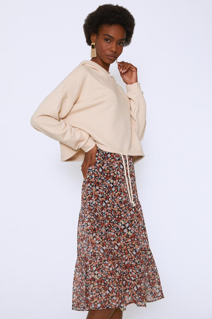 Kapüşonlu Beli Bağcıklı Sweatshirt Bej