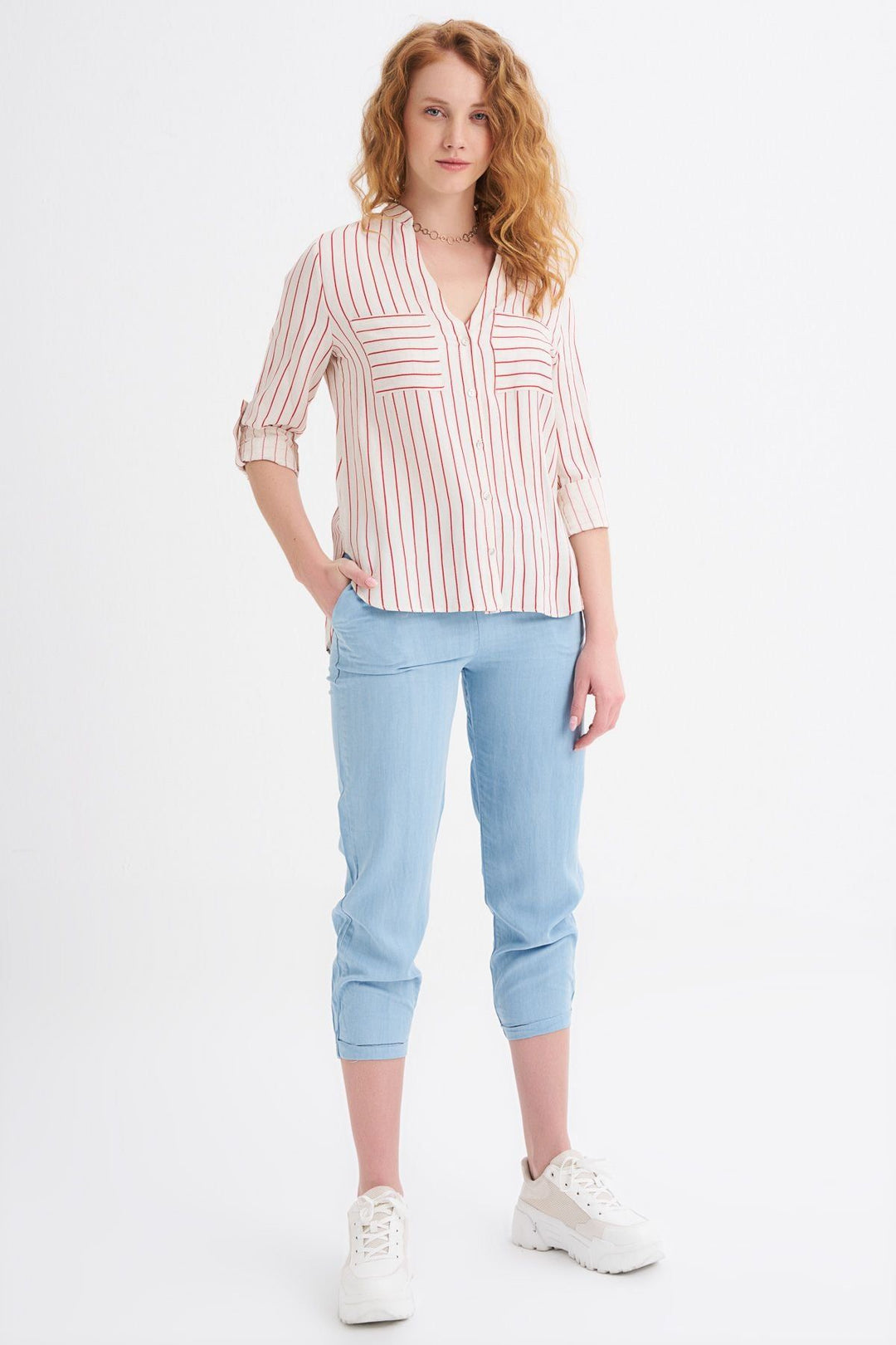 Çizgili Cepli Keten Gömlek Kırmızı