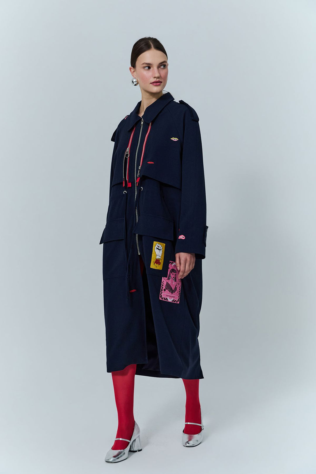 Nakış Detaylı Fermuarlı Uzun Treçkot Lacivert