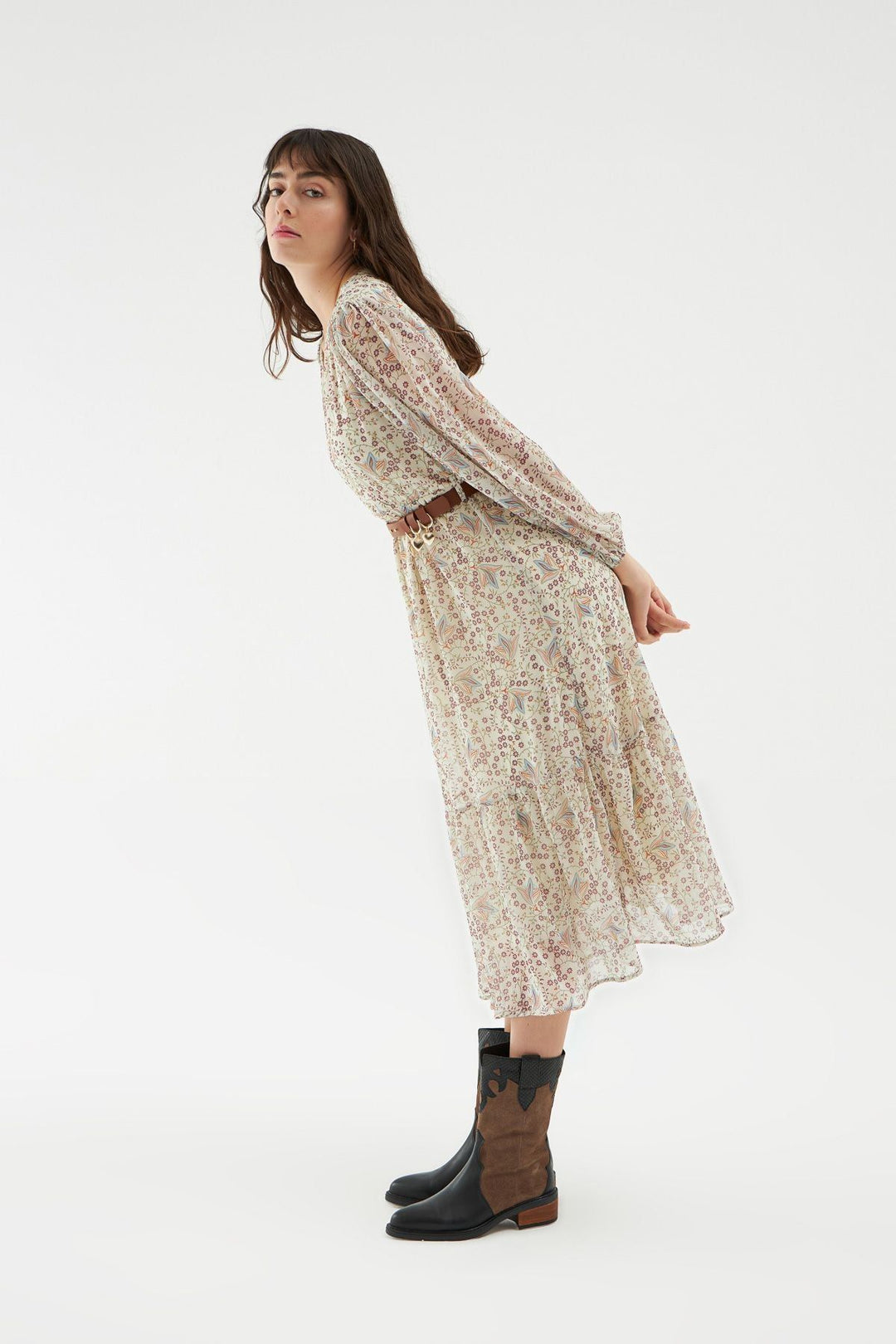 Kemerli Kruvaze Elbise Bej