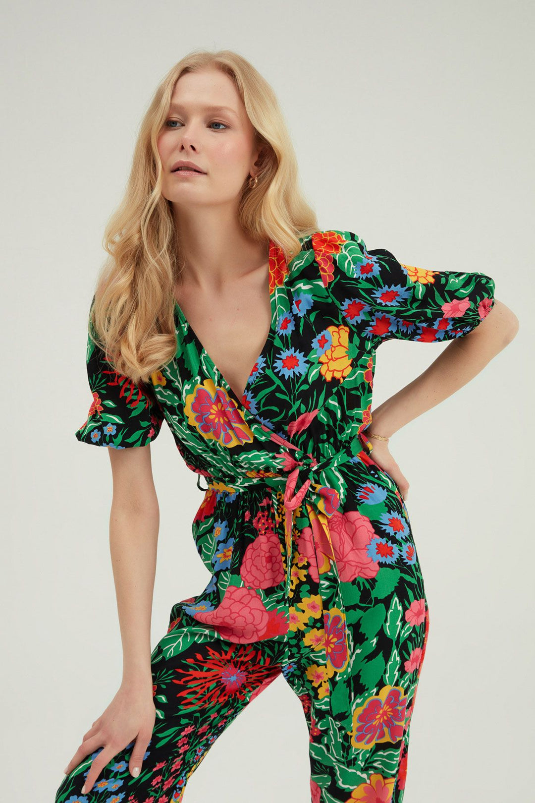 Floral Patterned Double Breasted Jumpsuit Black