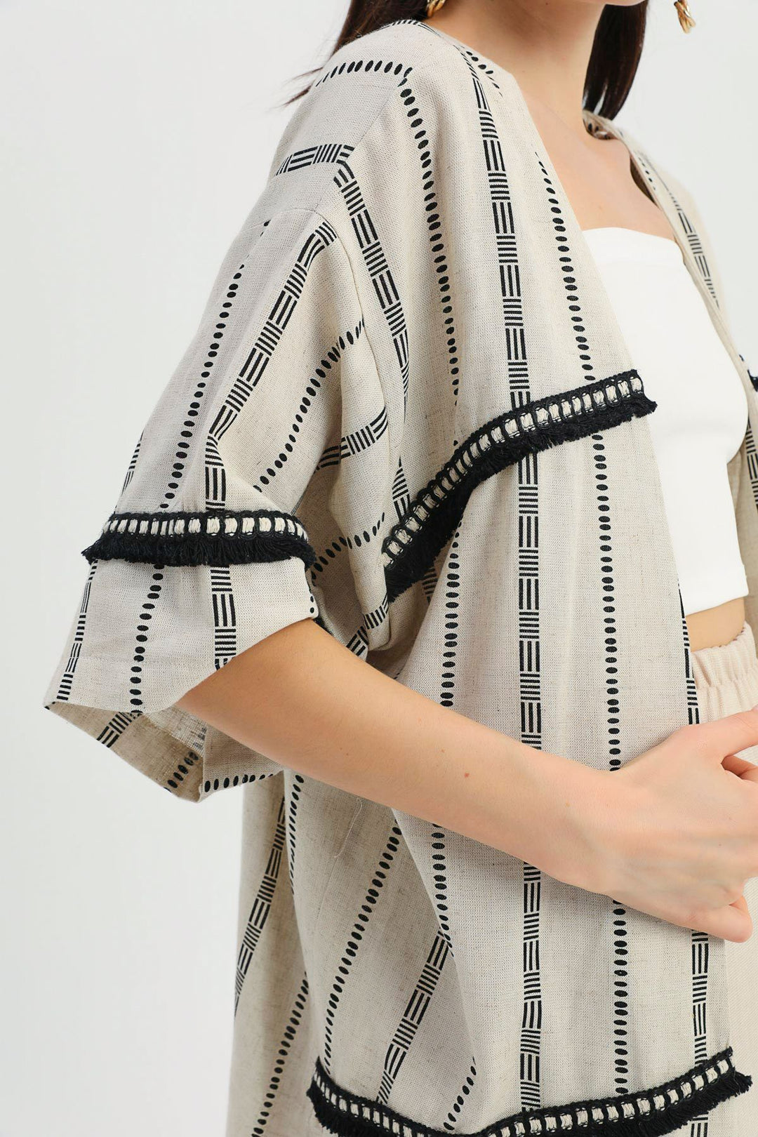 Desenli Şerit Detaylı Keten Kimono Naturel