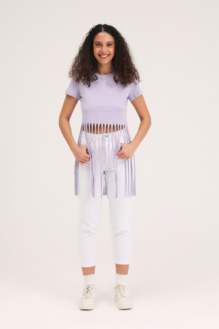 Ucu Püsküllü Tişört Lila