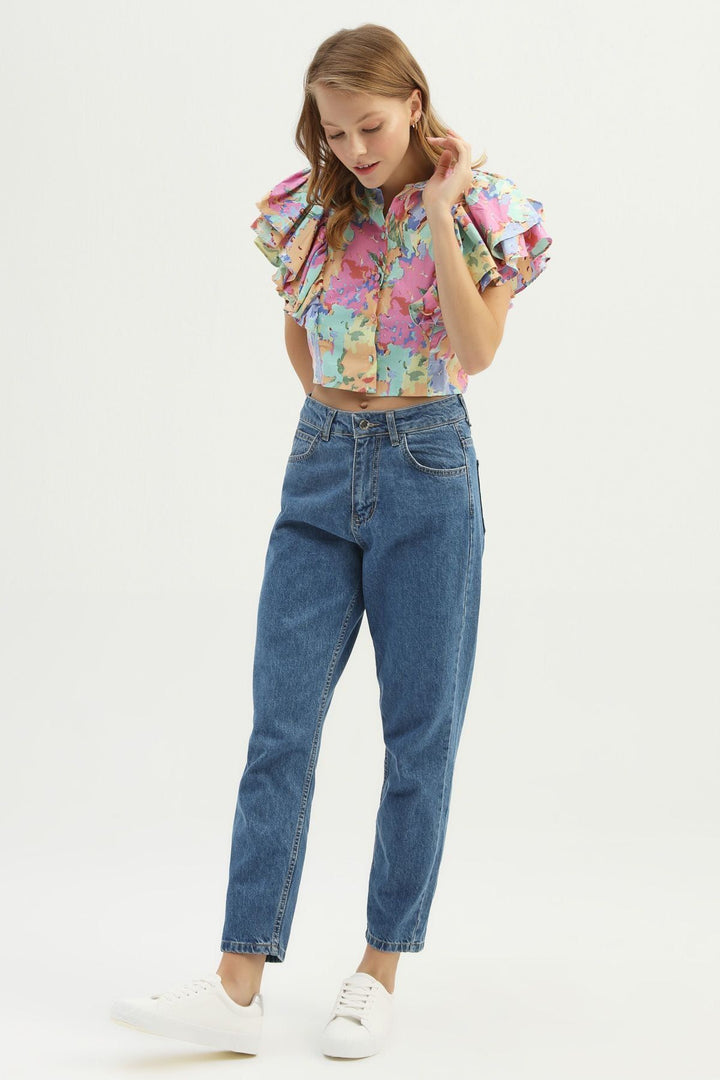 Patterned Frilly Shirt Light Blue