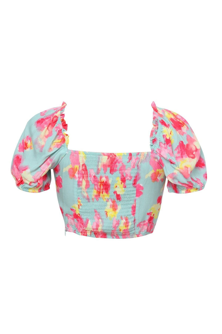 Balloon Sleeve Floral Crop Blouse Mint