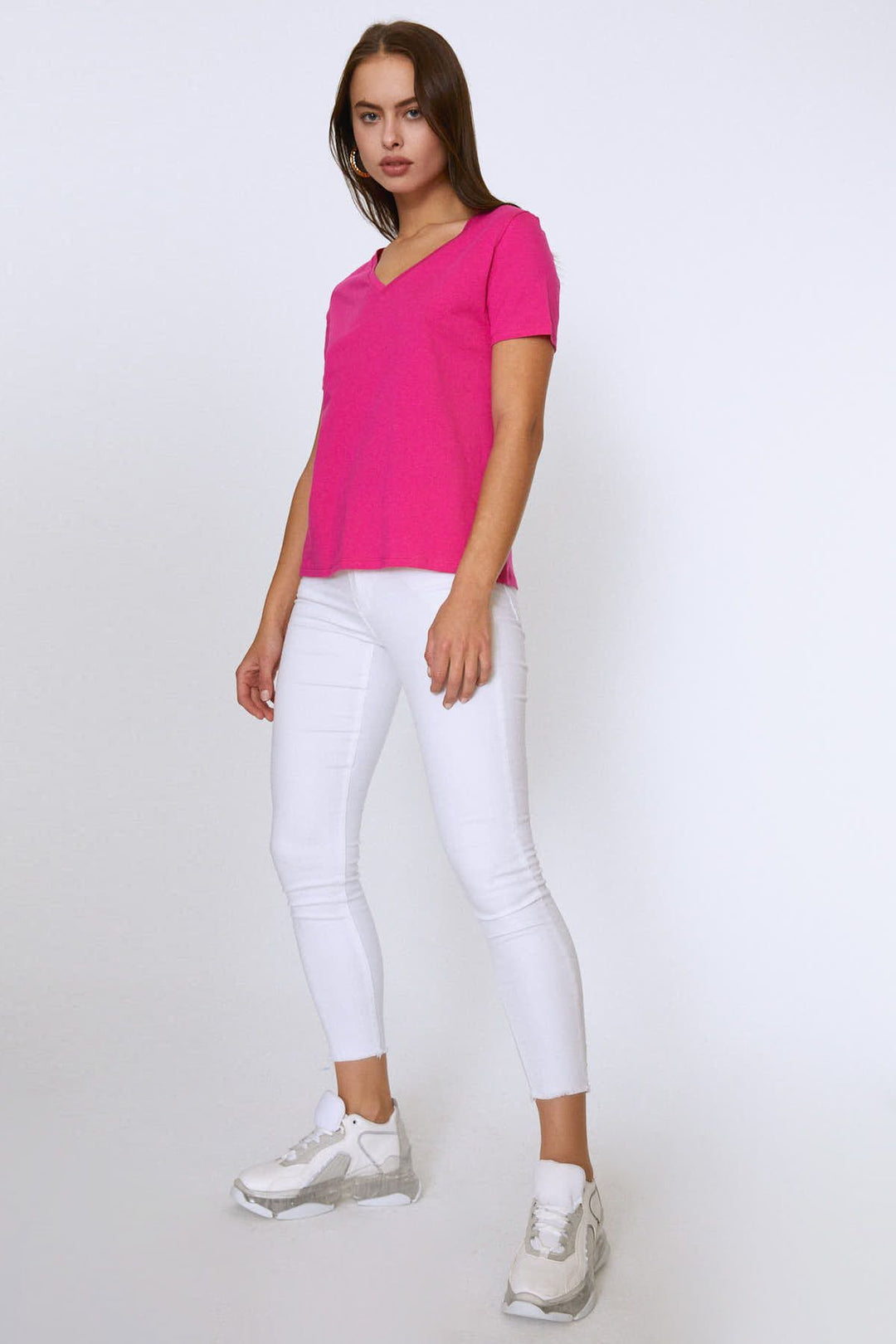 V Yaka Basic Tişört Fuşya