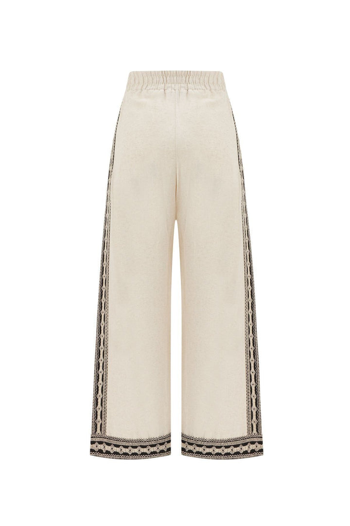 Şerit Detaylı Keten Pantolon Naturel