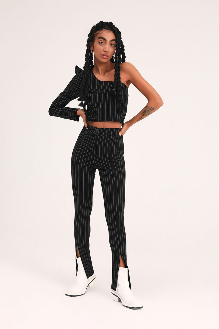 Çizgili Tek Omuz Bluz Siyah