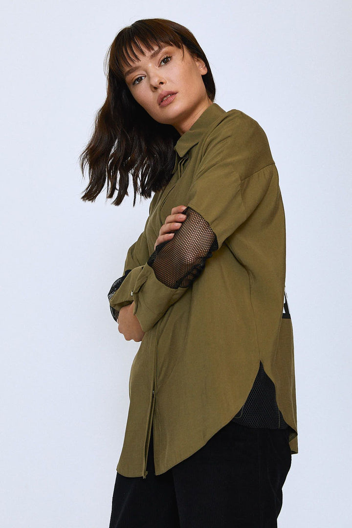Back Printed Mesh Tencel Shirt Khaki