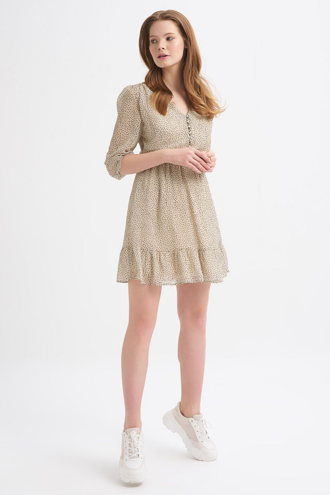 Patterned V-Neck Button Detailed Dress Beige