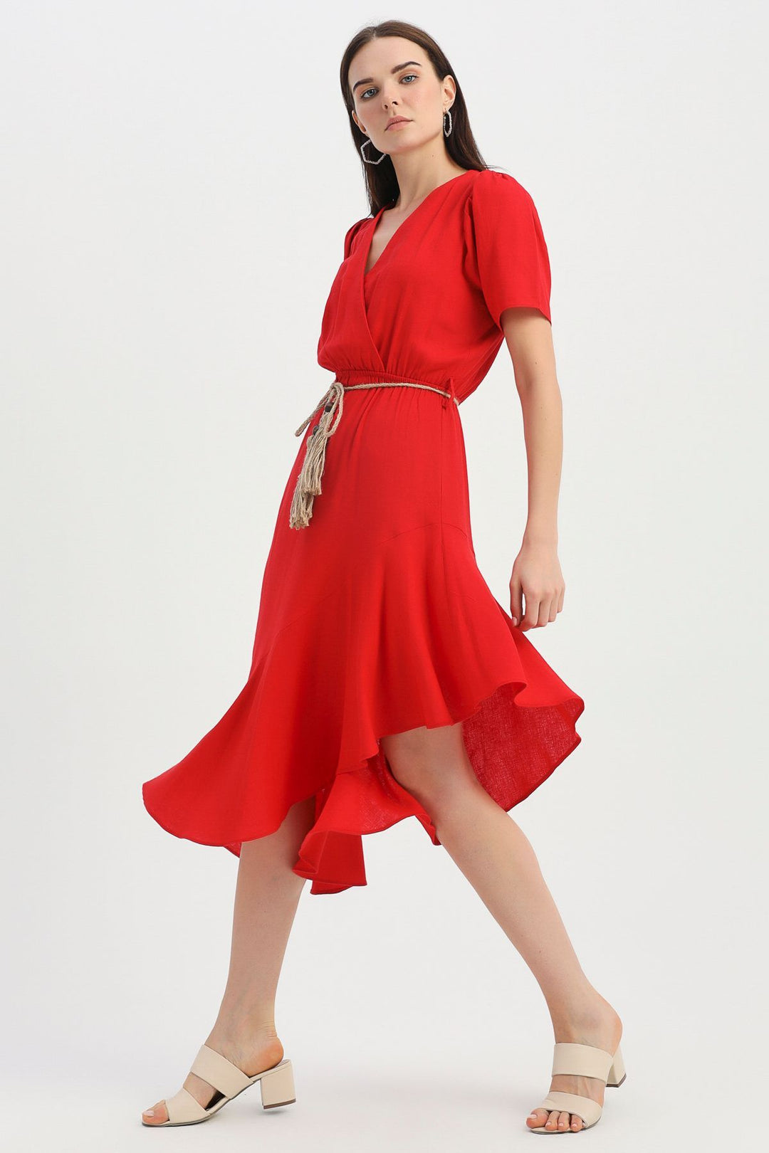 Straw Belt Double Breasted Linen Dress Red