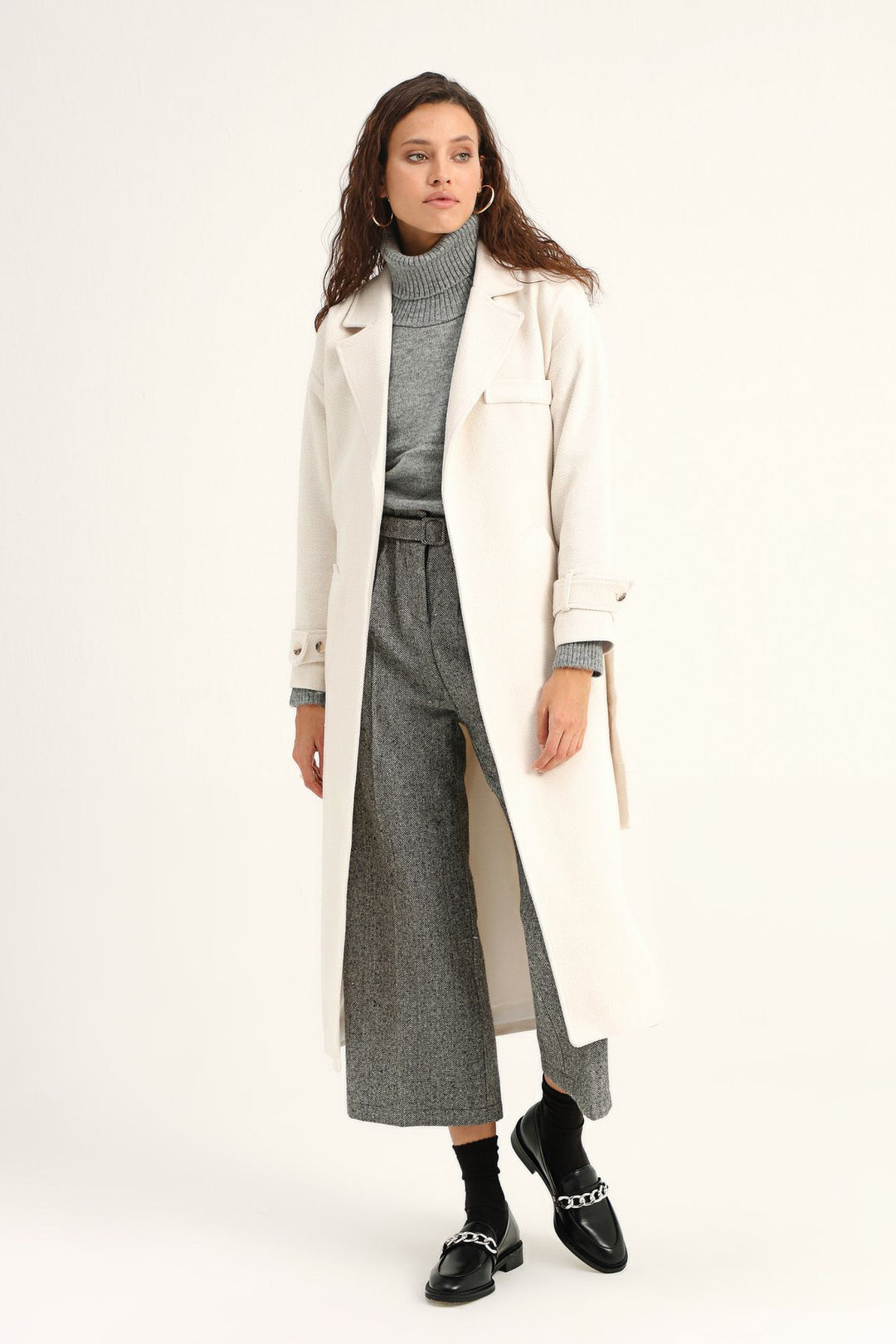Belted Long Coat Ecru