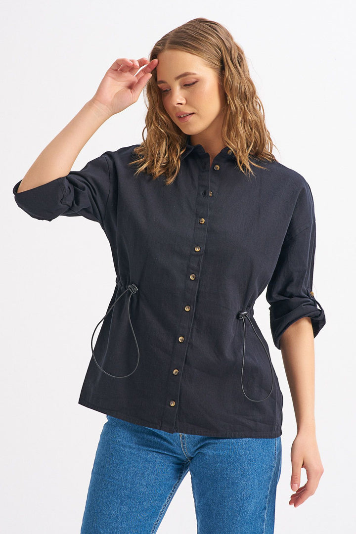 Beli Büzgülü Gömlek Siyah