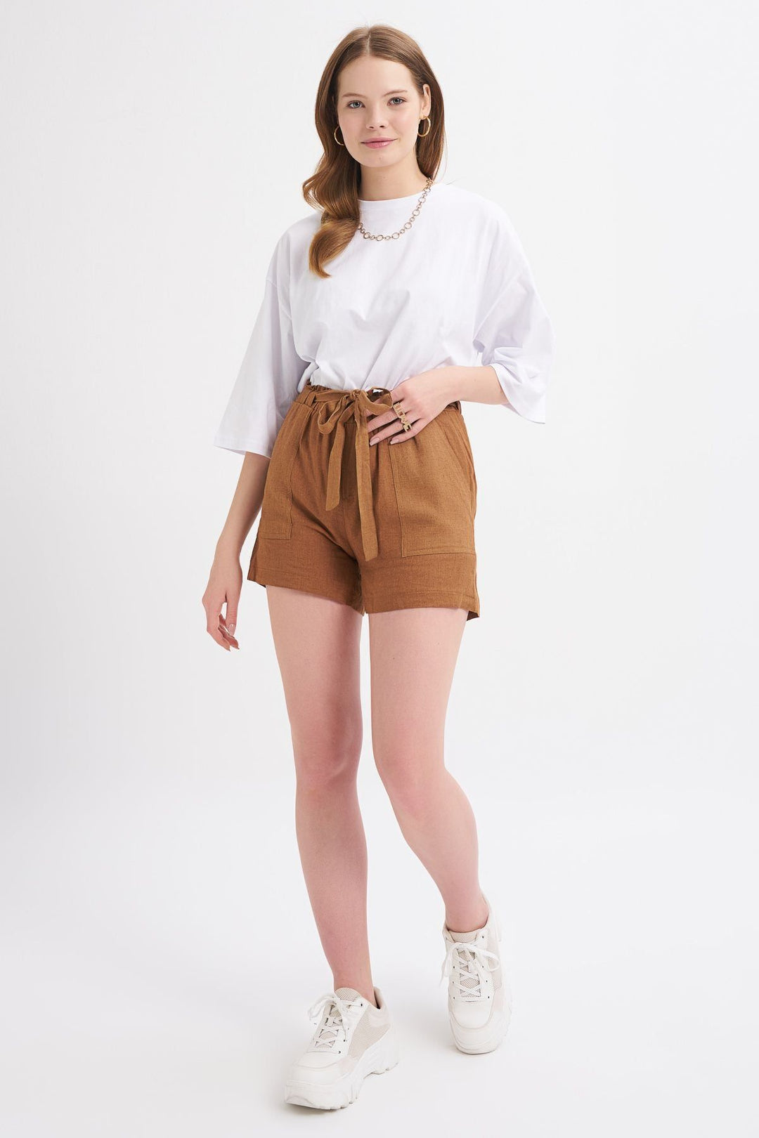 Kuşaklı Yüksek Bel Keten Şort Kahverengi