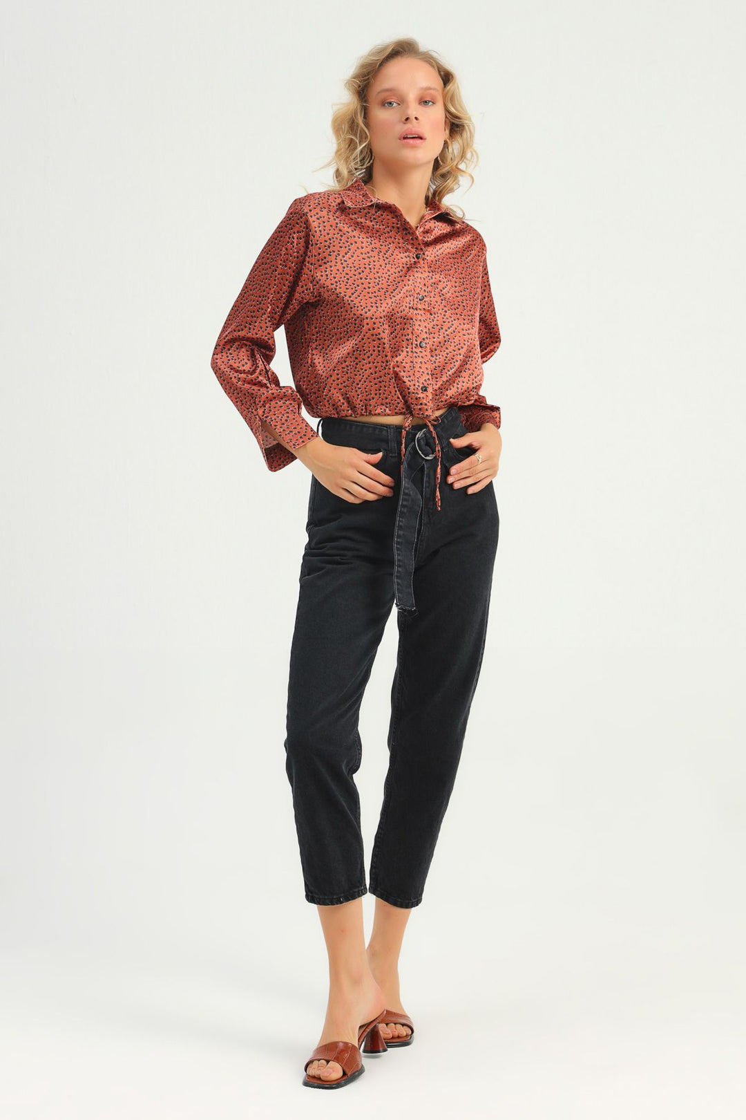 Desenli Saten Gömlek Kiremit