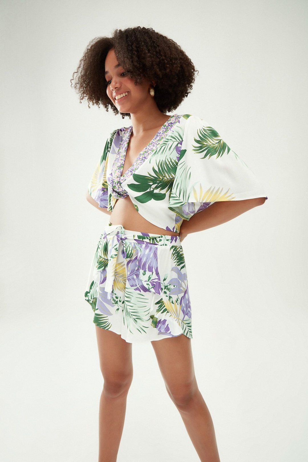 Patterned Tie Front Blouse Green