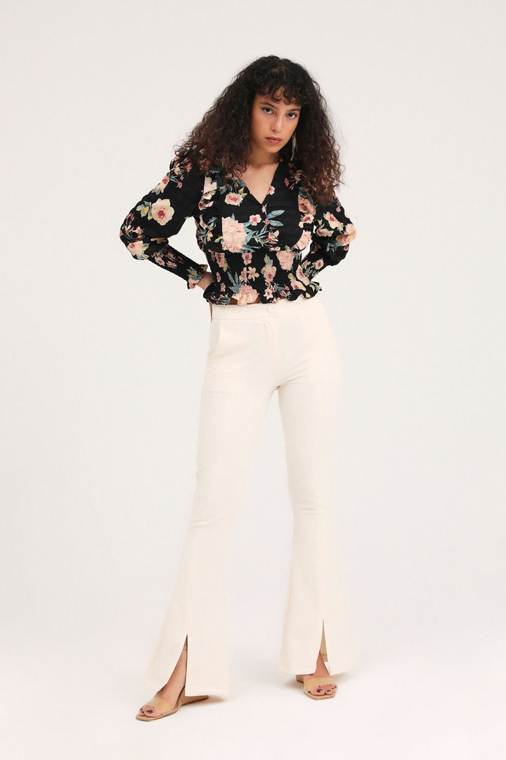 Floral Frilled Double Breasted Blouse Black