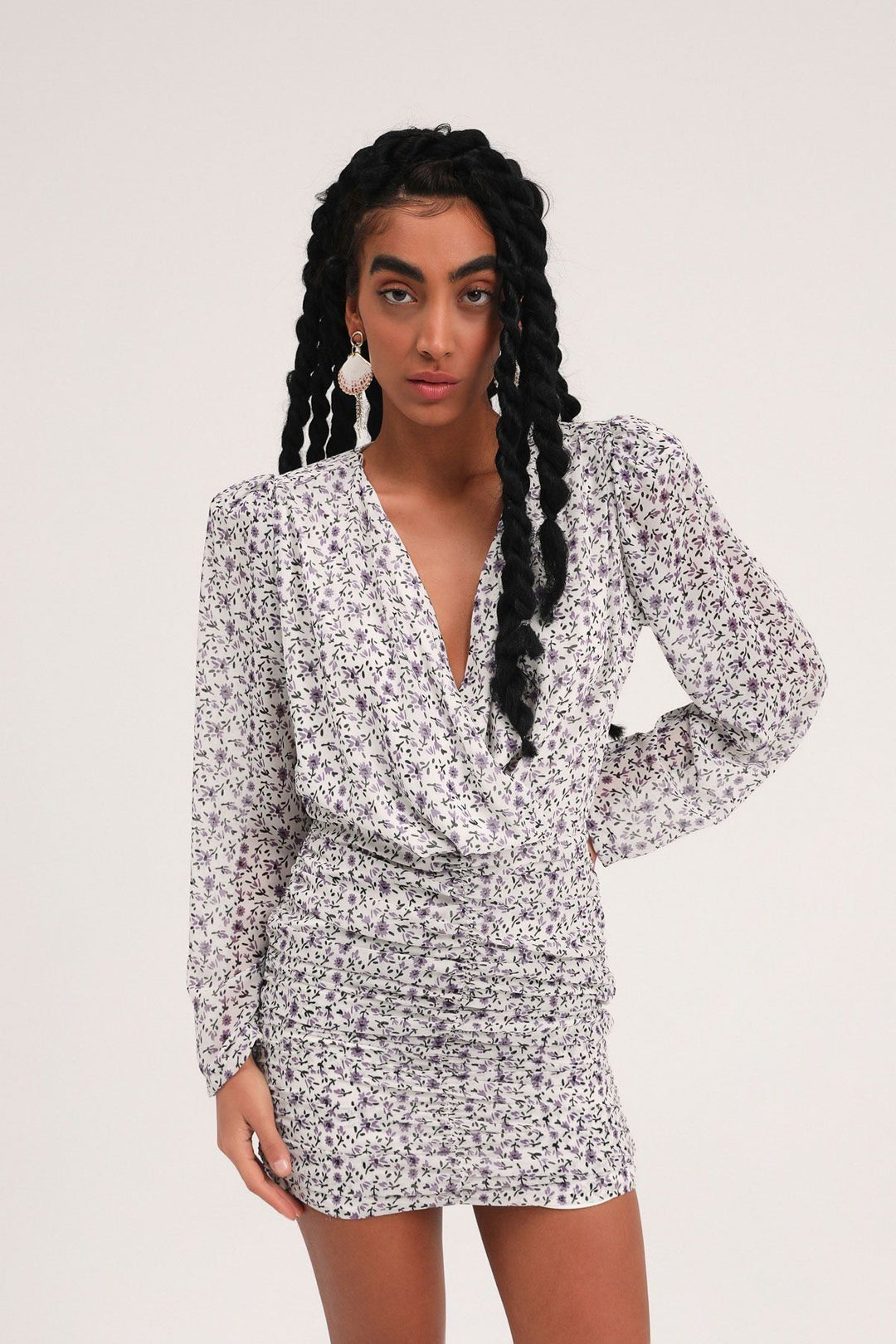 Patterned Pleated Double Breasted Mini Dress Ecru
