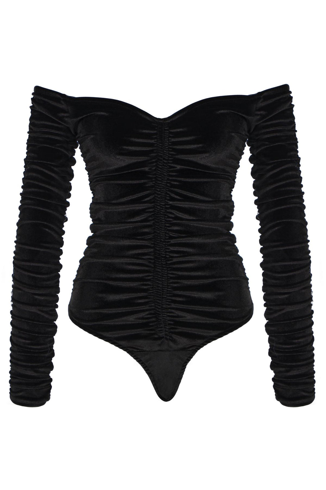 Pleated V-Neck Velvet Bodysuit Black